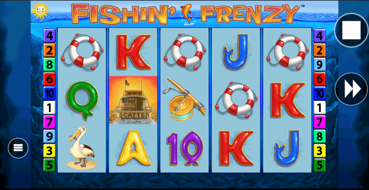 Fishin' Frenzy game screen showing the free spins bonus feature: a fisherman character in orange and green stands beside rows of fish tokens carrying prize values, framed by a sunny underwater backdrop with light rays overhead.